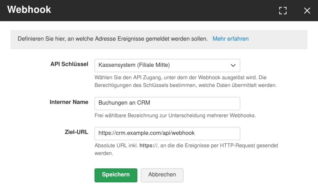 Dialog ter definitie van een webhook met selectievak voor de API-sleutel, interne naam en absolute doel-URL
