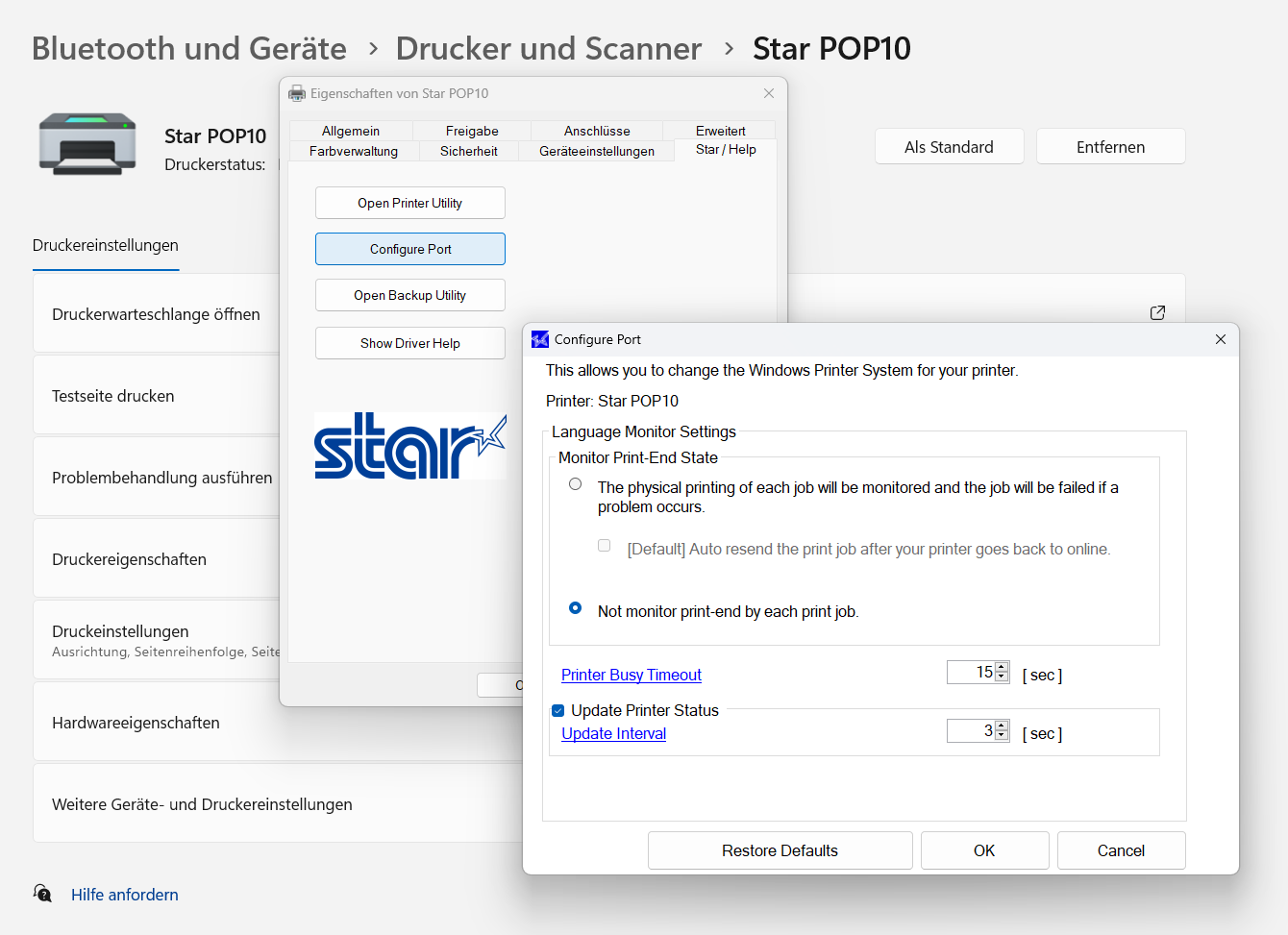 Windows-Printereigenschappen: tabblad Star / Help, dialoogvenster Configure Port met geselecteerde optie "Not monitor print-end by each print job"